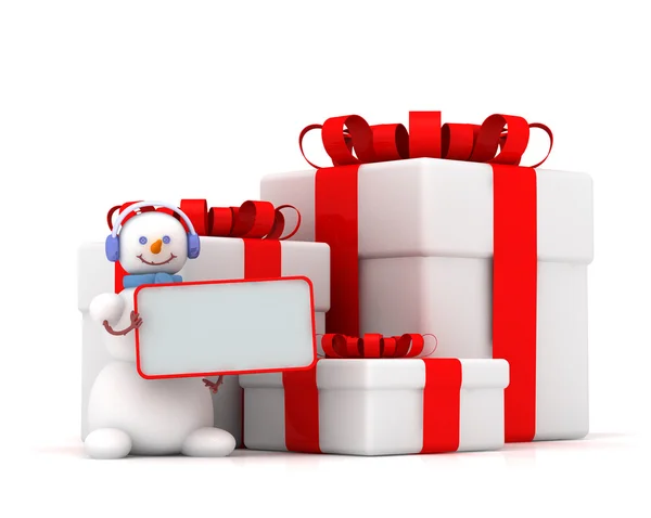 Pupazzo di neve e tre scatole regalo con nastri — Foto Stock