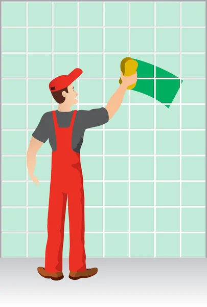Worker washing a wall made of ceramic tiles — Stock Photo, Image