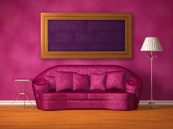 Purple couch with table, standard lamp and frame in purple interior — Stock Photo, Image