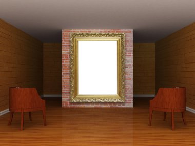 Gallery's hall with ornate frame and chairs clipart