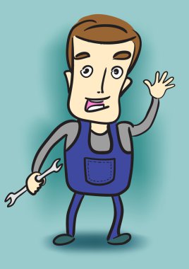 Cartoon mechanic holding a wrench.