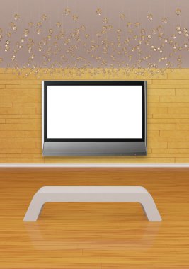 Gallery's hall with bench and lcd tv clipart