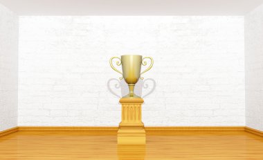 Golden trophy cup on the pedestal in room clipart