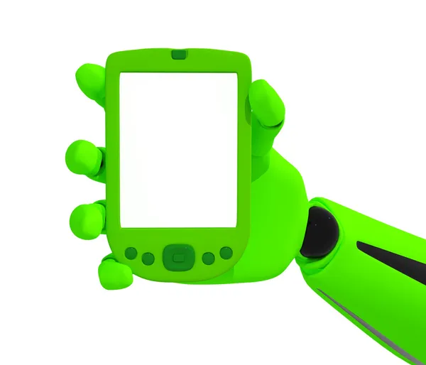Green robotic hand hold a blank pda — Stockfoto