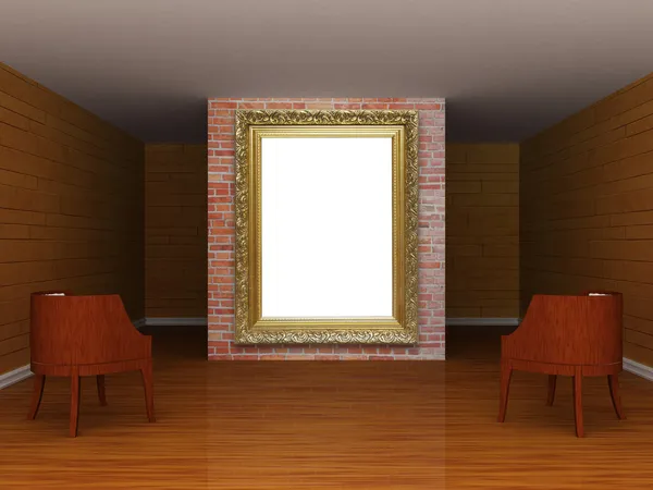 Gallery's hall with ornate frame and chairs — Stock Photo, Image