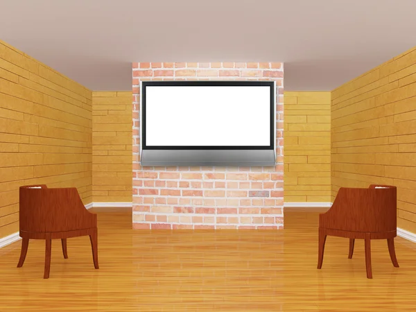 Hall da galeria com cadeiras e tv plana — Fotografia de Stock