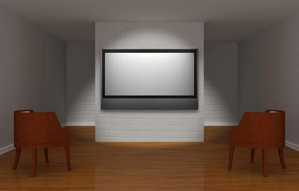 Gallery's hall with chairs and flat tv — Stock Photo, Image