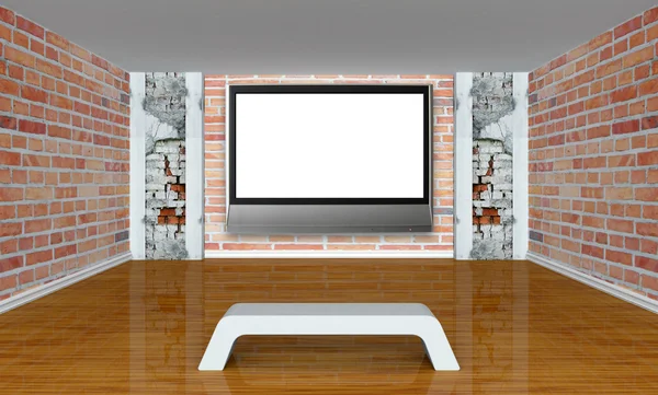Galeriesaal mit Bank, Säulen und LCD-Fernseher — Stockfoto