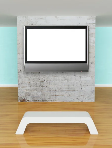 Hall da galeria com banco e tv plana — Fotografia de Stock