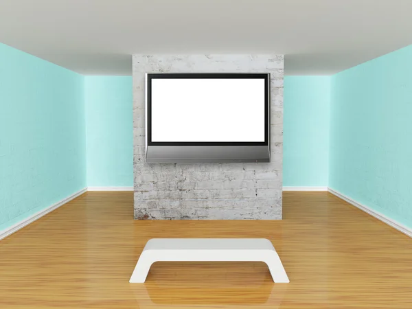 Salón de la galería con banco y tv plana — Foto de Stock