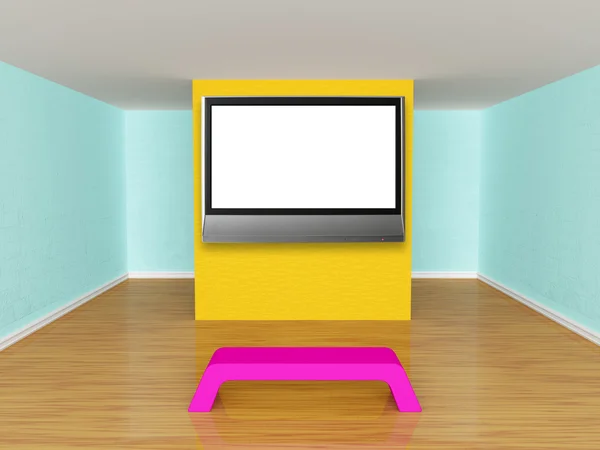 ギャラリーのホールのベンチと液晶テレビ — ストック写真