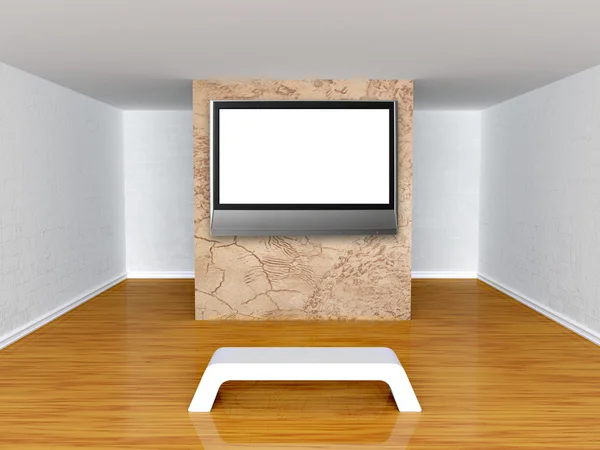 Hall da galeria com banco e tv plana — Fotografia de Stock