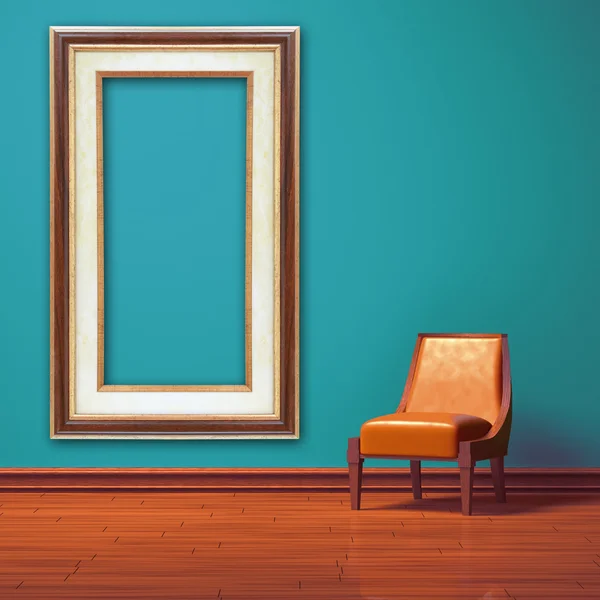 Помаранчевий стілець з порожньою рамкою в синьому мінімалістичному інтер'єрі — стокове фото