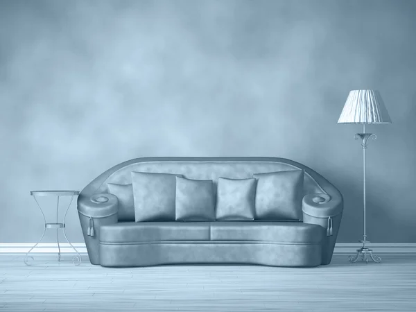 Sofá com mesa e lâmpada padrão no interior azul — Fotografia de Stock