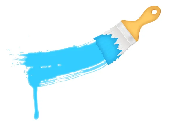 Pędzel płaski z niebieskiej farby na białej ścianie — Zdjęcie stockowe