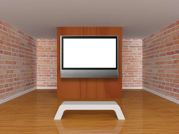 Gallery's hall with bench and lcd tv — Stock Photo, Image