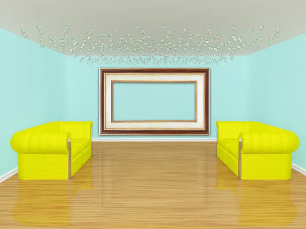Dois sofás com moldura em luxuosa galeria vazia — Fotografia de Stock