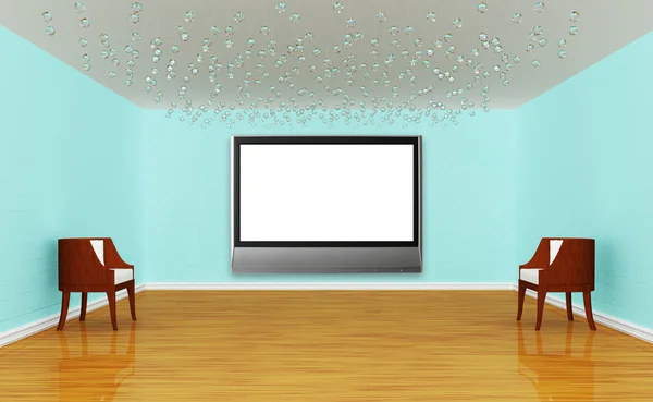 Стулья с плоским телевизором в роскошной галерее — стоковое фото