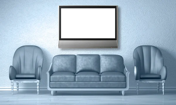 Duas cadeiras de luxo com sofá e lcd tv no interior minimalista — Fotografia de Stock