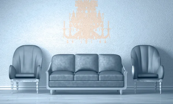 Two luxurious chairs with couch and silhouette of chandelier — Stockfoto