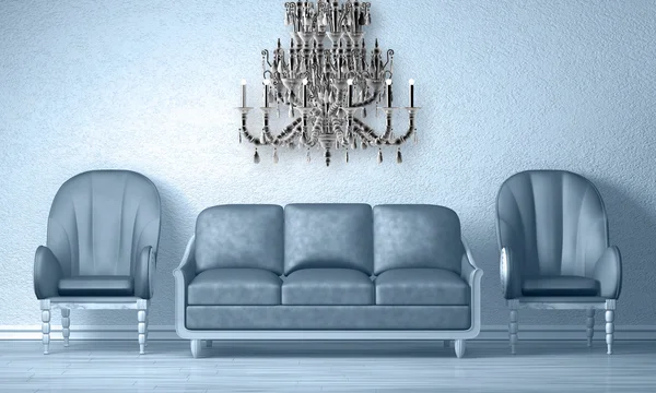 Два роскошных стула с диваном и стеклянной люстрой — стоковое фото