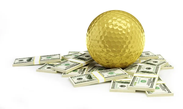 Pallina da golf dorata con pacchetto di dollari — Foto Stock