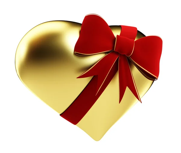 Złote serce czerwone kokarda — Zdjęcie stockowe