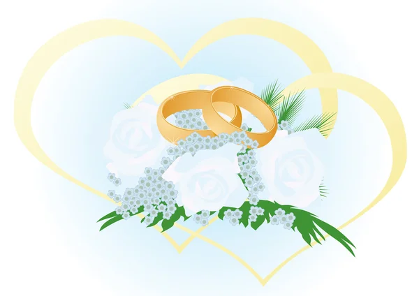 Wedding bouquet with gold rings — Stock Vector