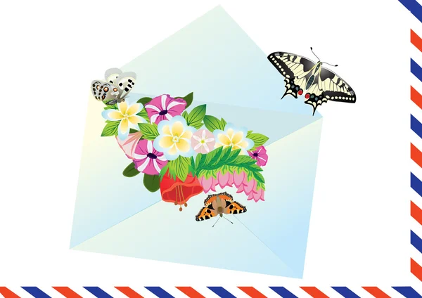 Επιστολή, λουλούδια και πεταλούδες — Διανυσματικό Αρχείο