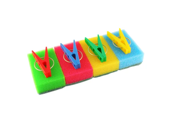Color sponges and clothes-pegs — Stock Photo, Image