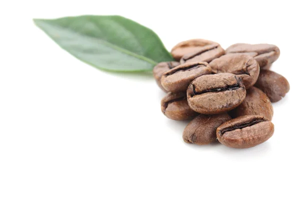Kahve taneleri ve yaprak — Stok fotoğraf