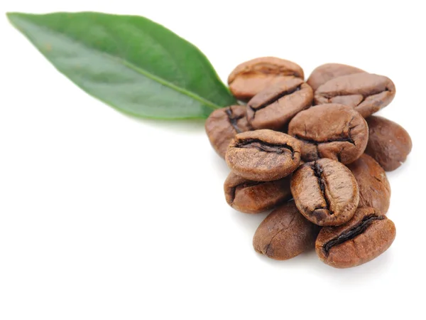 Granos de café y hojas —  Fotos de Stock
