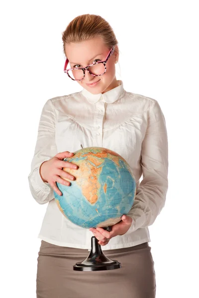 Vackra lärare med globe — Stockfoto