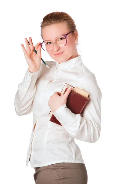 Cheerful teacher with big book — Stock Photo, Image