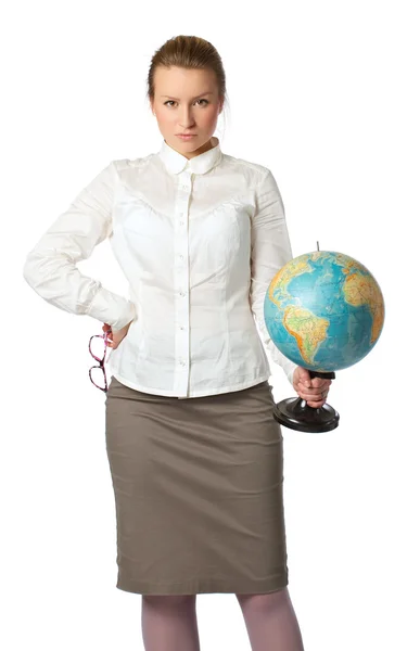 Angry teacher with globe — Stok fotoğraf