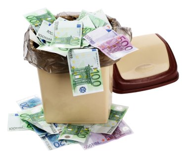 Money euro in bin. Currency collapse. clipart