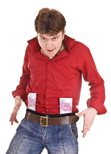 Man in red with money. — Stock Photo, Image