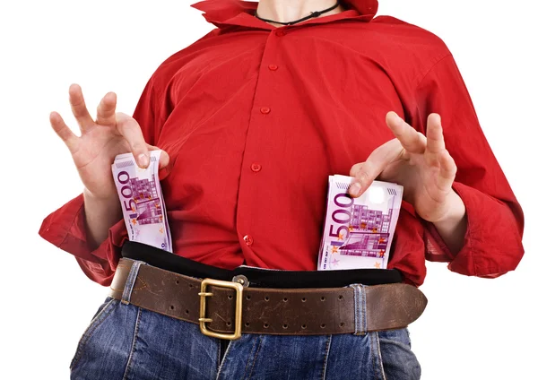 Muž v červené košili a džínách s peníze euro. — Stock fotografie