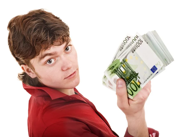 Muž v červené barvě s peníze euro. — Stock fotografie