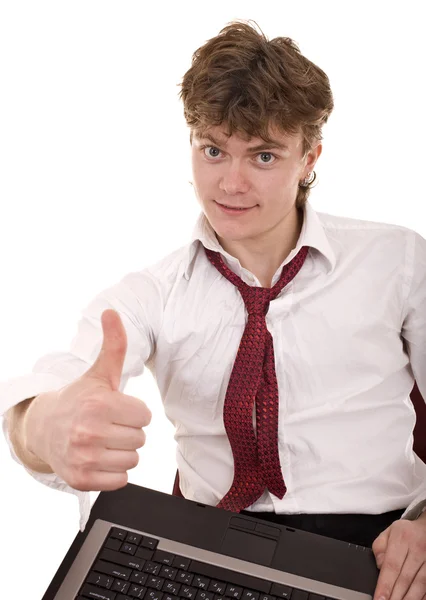 Businessman and laptop with thumb up speak super. — Stock Photo, Image