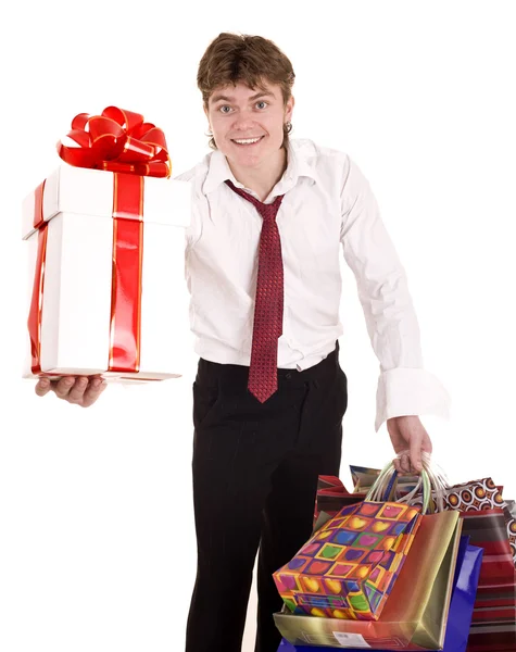 Empresário com caixa de presente de compras . — Fotografia de Stock