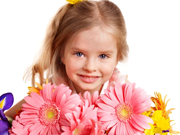 Ευτυχισμένη παιδική εκμετάλλευση λουλούδια. — Φωτογραφία Αρχείου