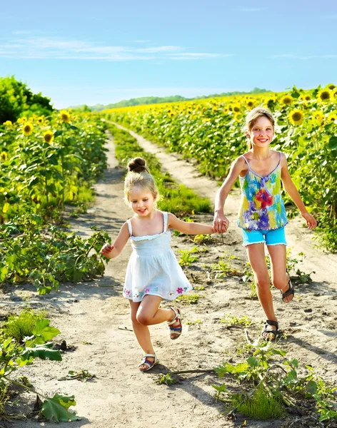 Kinderen lopen over zonnebloem veld buiten. — Stockfoto