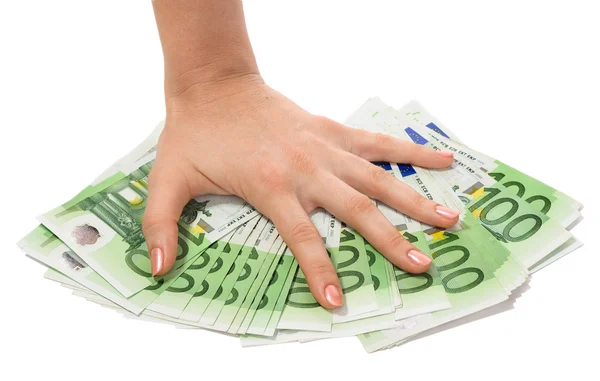 Pila de dinero en mano femenina . — Foto de Stock