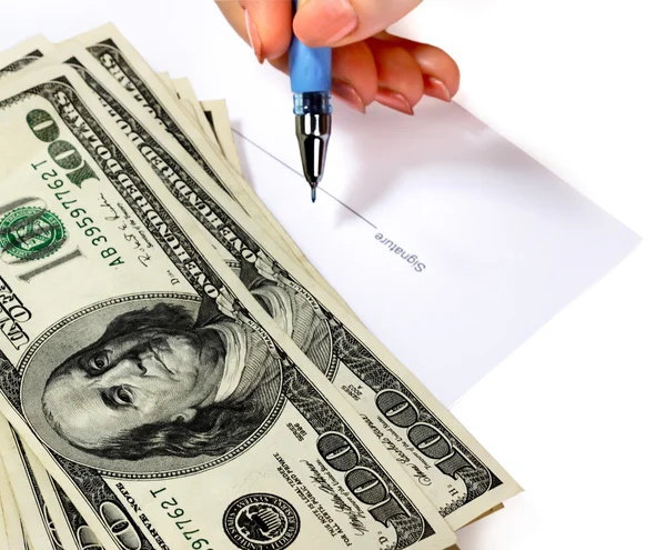 Money and document in female hand. — Stock Photo, Image