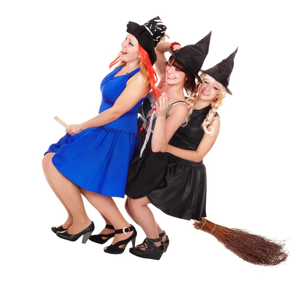 Young woman witch fly on broom. — Stock Photo, Image