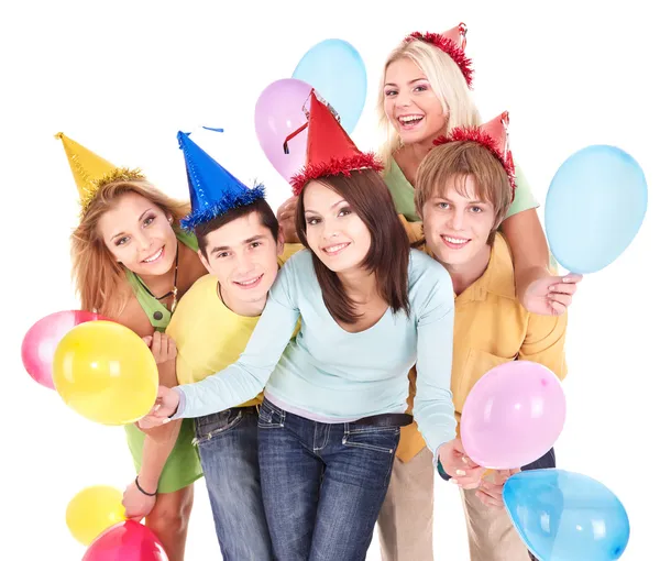 Groep van jonge in feest hoed. — Stockfoto