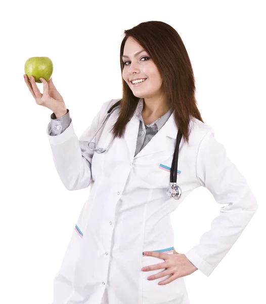 Όμορφη γιατρός με το στηθοσκόπιο και πράσινο μήλο. — Φωτογραφία Αρχείου