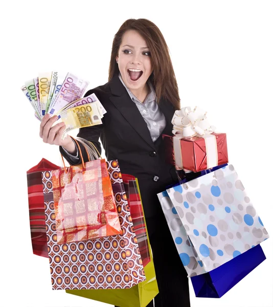 Flicka med pengar, presentkort, box. — Stockfoto