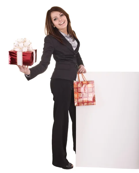 Γυναίκα των επιχειρήσεων με κιβώτιο δώρων, banner. — Φωτογραφία Αρχείου